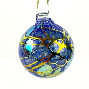 Hand blown Glass Ball Ornament Sun Catcher blue purple Gold Metallic Swirl